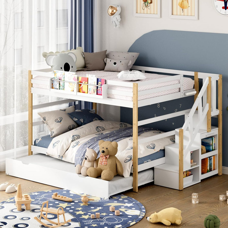 Full Over Full Bunk Bed White Wood Finish Trundle Storage