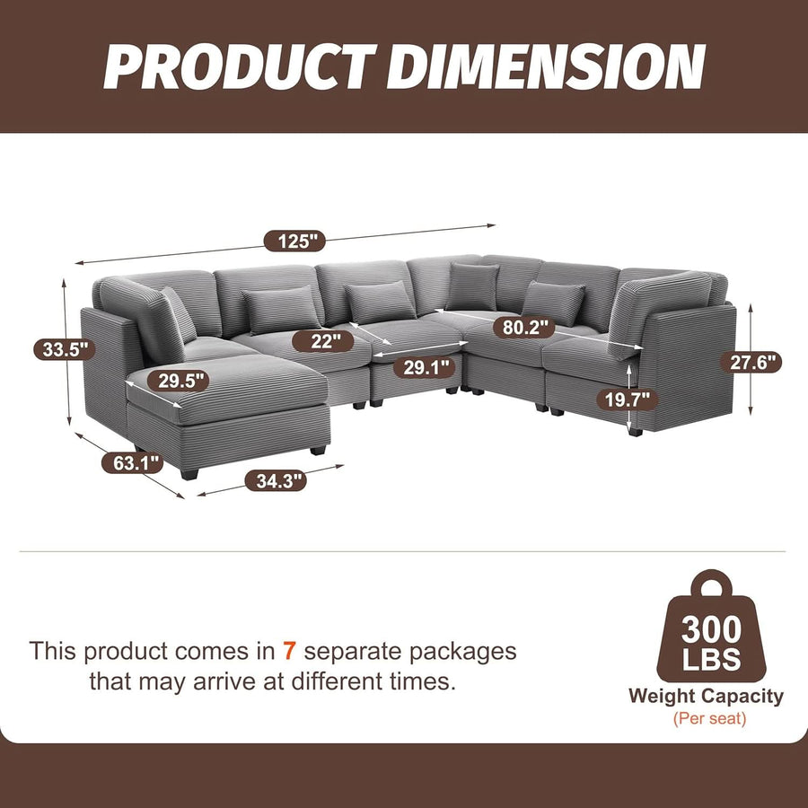 125Inch Oversized Corduroy Cloud Sleeper Grey Sofa