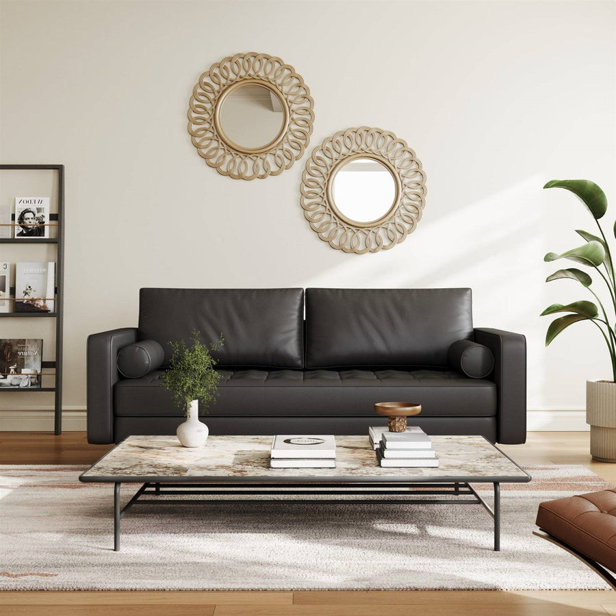 Black Upholstered Faux Leather Sofa w/ Pillows Solid Hardwood Legs