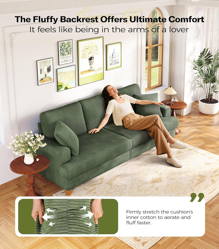 Corduroy Sofa Eighty SevenInch Deep Seat Green Living Room Comfort