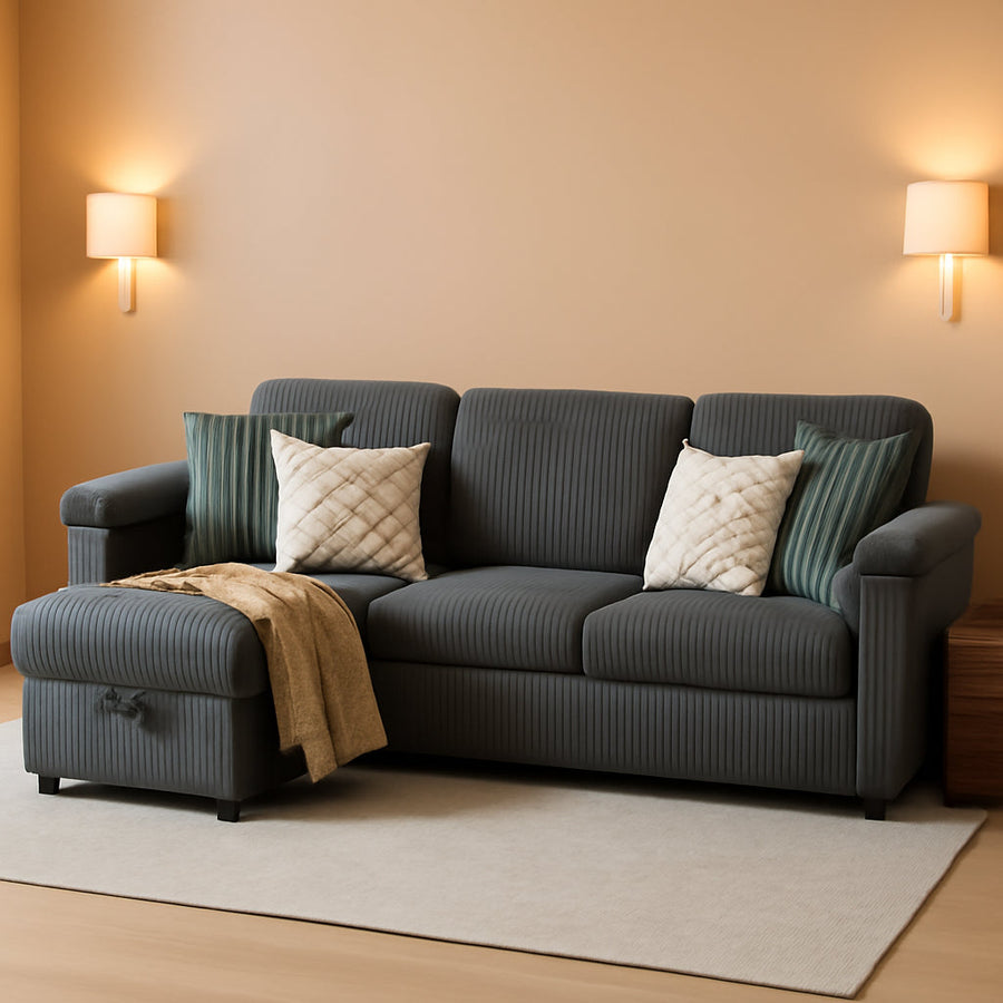 79 Inch Corduroy Upholstered Sectional Sofa Charcoal