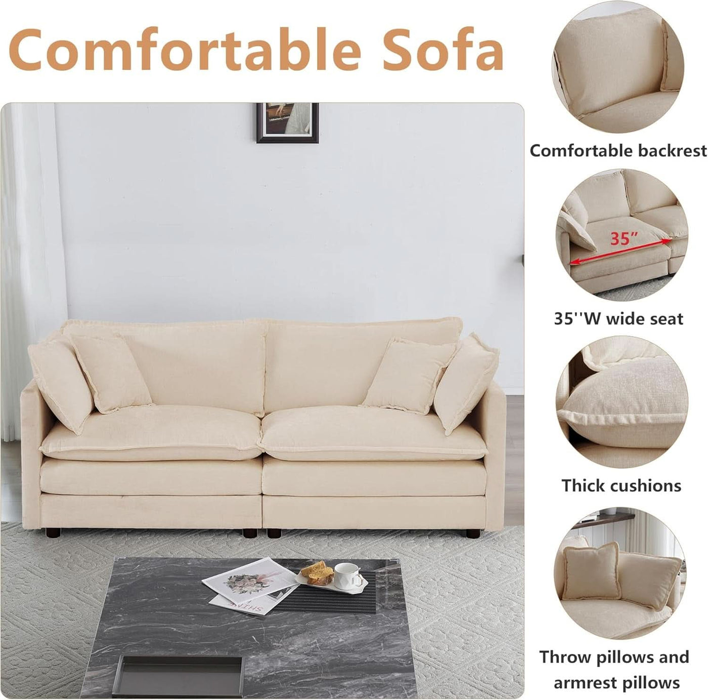Chenille 76 Inch Loveseat Sofa Light Coffee Armrest Pillows