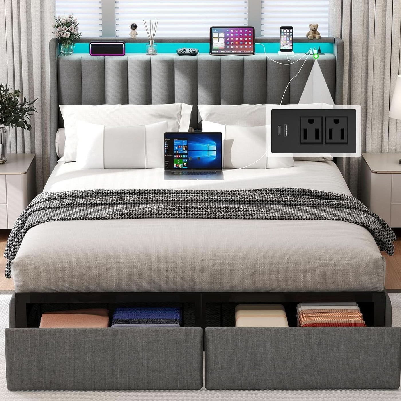 Queen Bed Frame With LED Lights And Storage Drawers