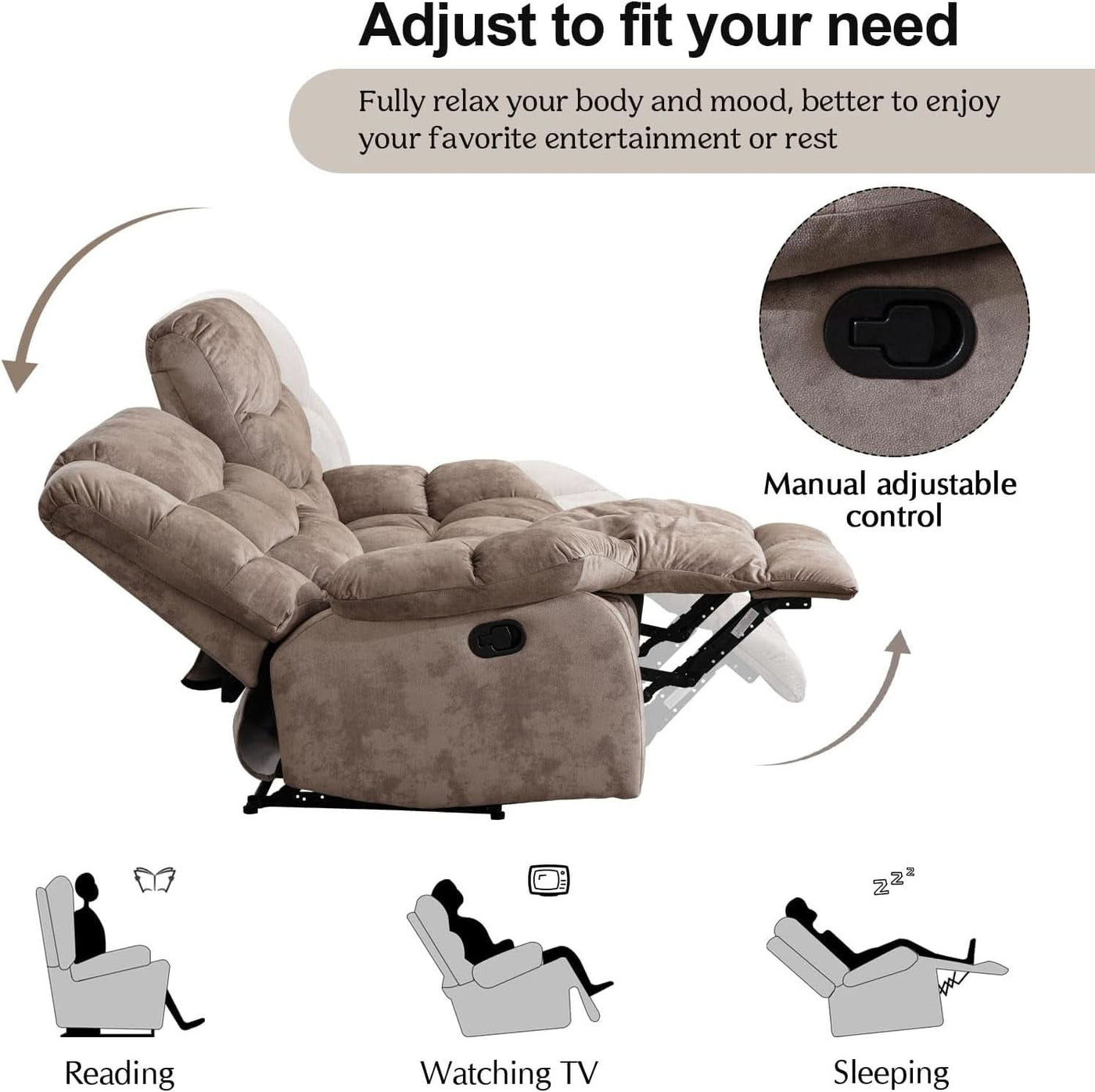 Manual Two Seat Loveseat Recliner Sofa Light Brown