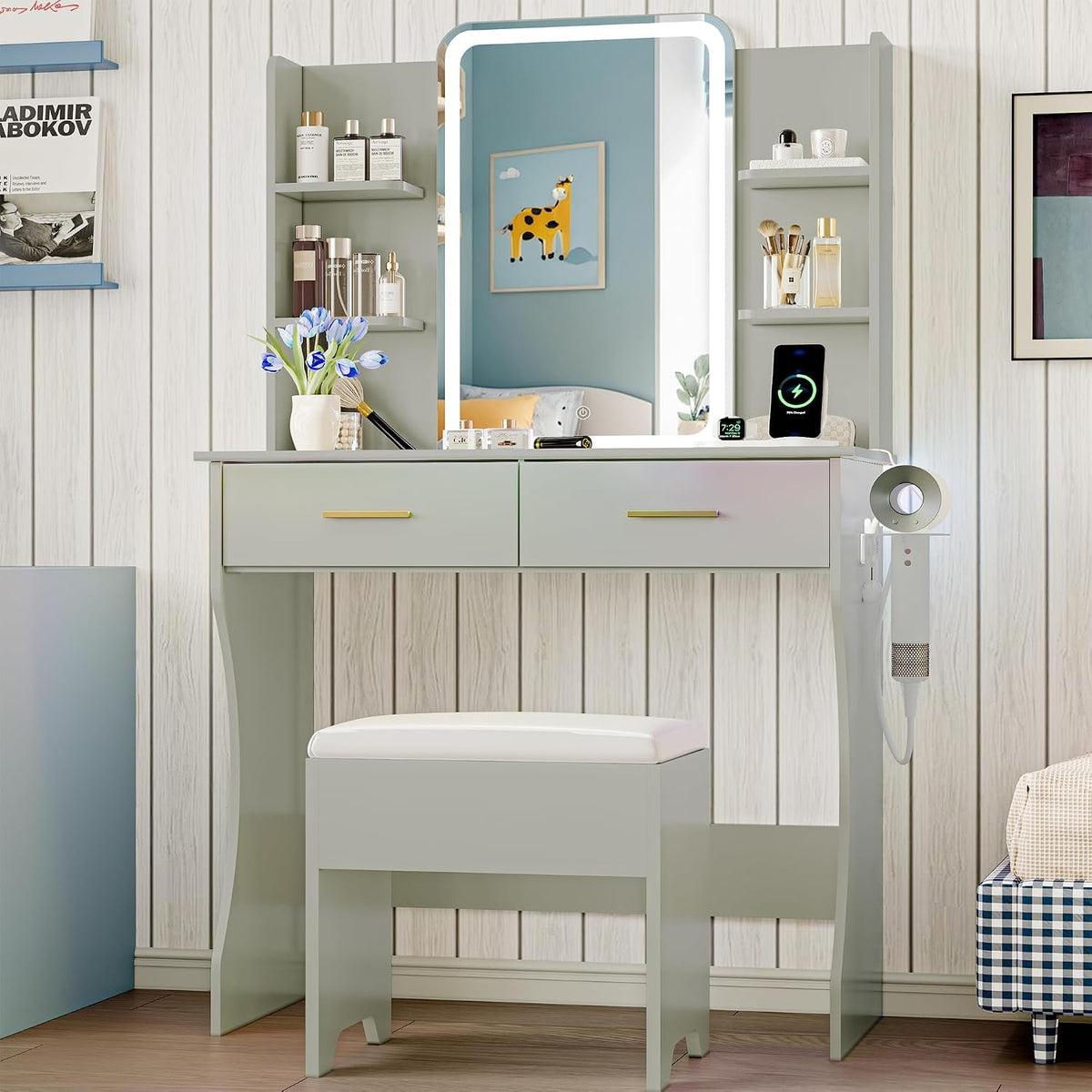 Forest Green Makeup Vanity Desk With Illuminated Mirror