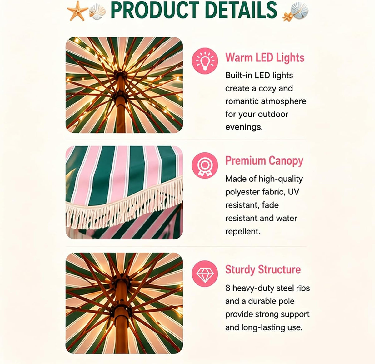 Boho Fringe Patio Umbrella With Solar String Lights