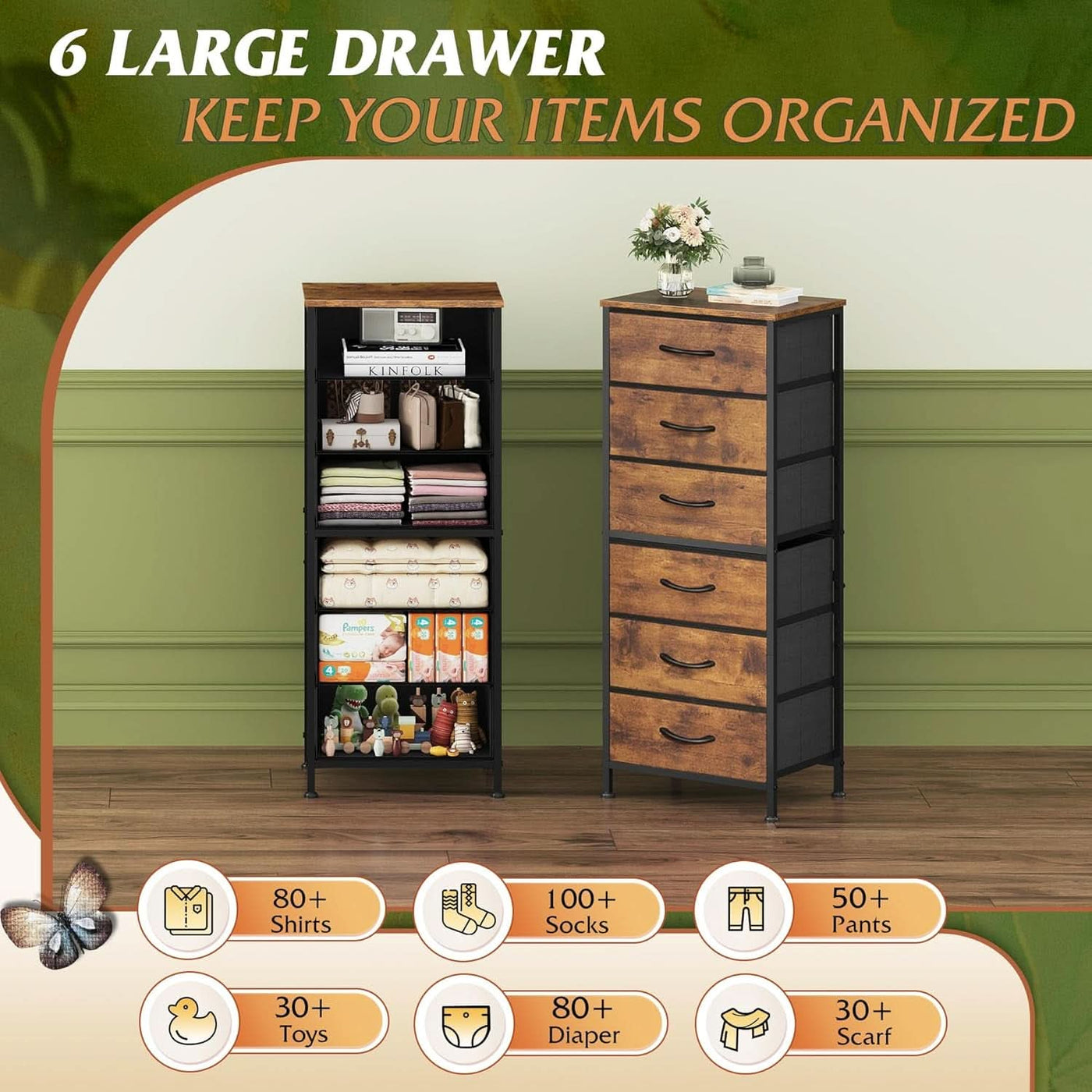 Tall Fabric Dresser With 6 Drawers And Wood Top Rustic Brown