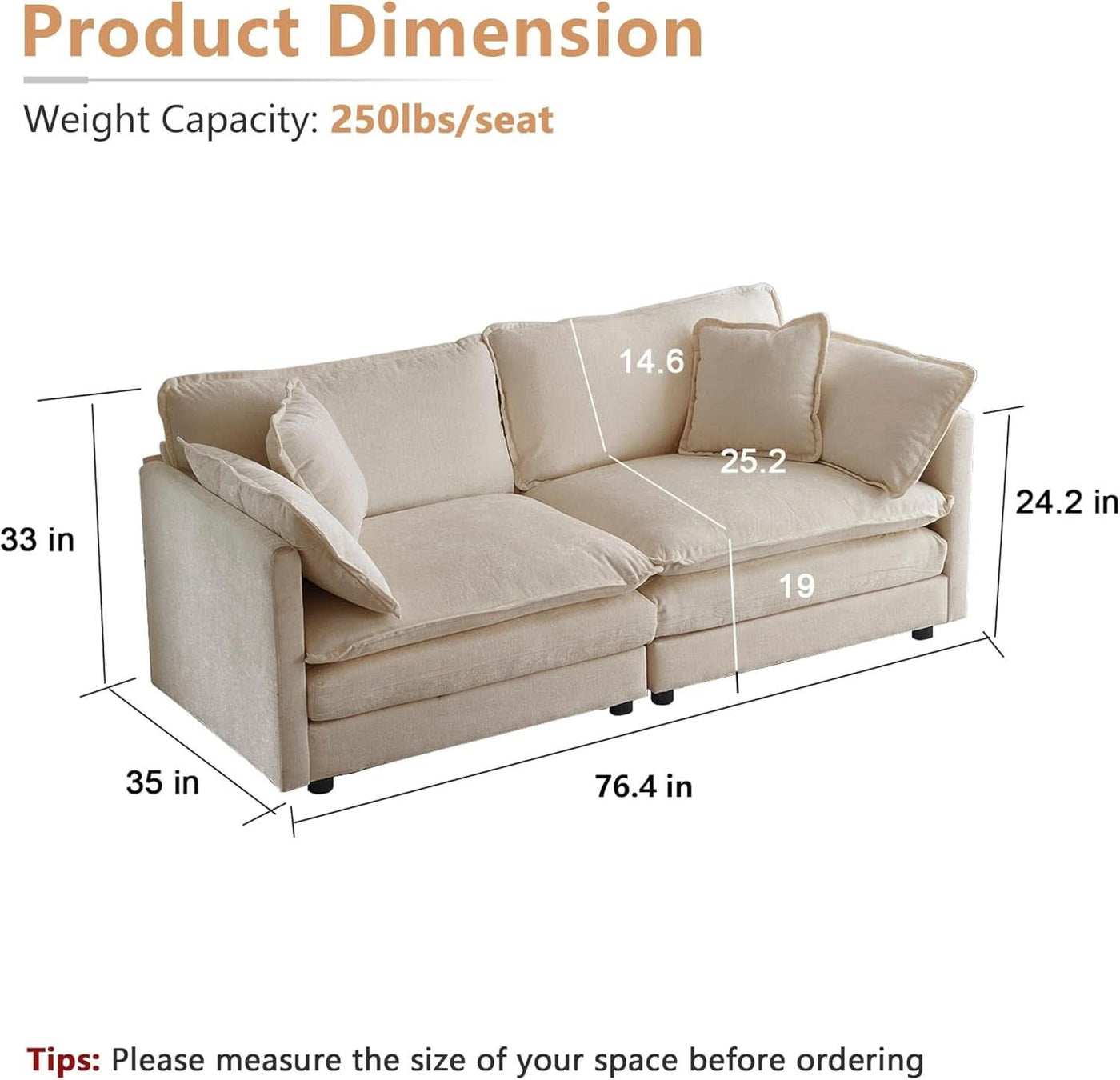 Chenille 76 Inch Loveseat Sofa Light Coffee Armrest Pillows