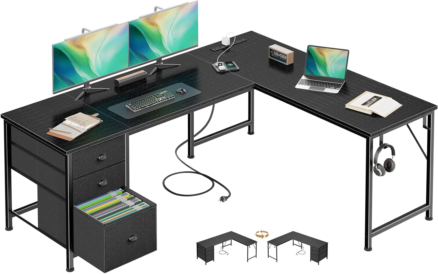 63 Inch Corner Desk Black Ultra Premium Storage Drawers