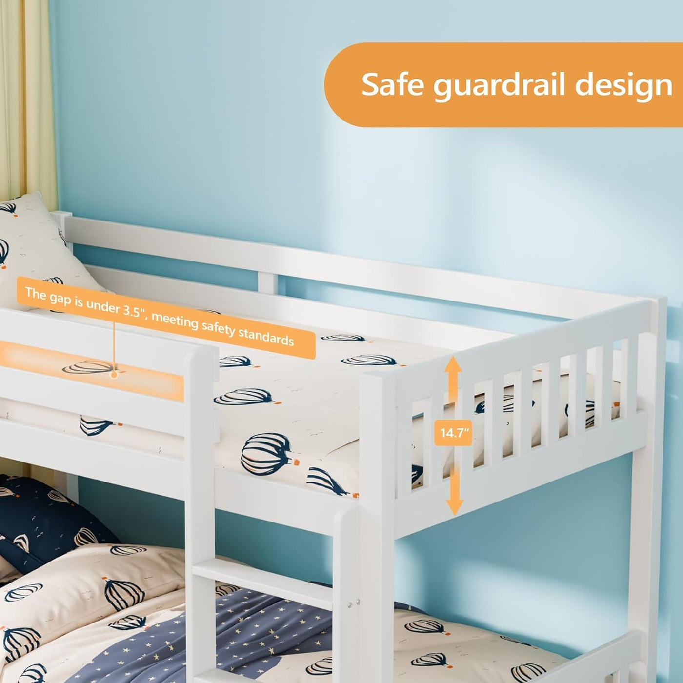 Low Profile White Solid Wood Twin Over Bunk Bed Guardrails