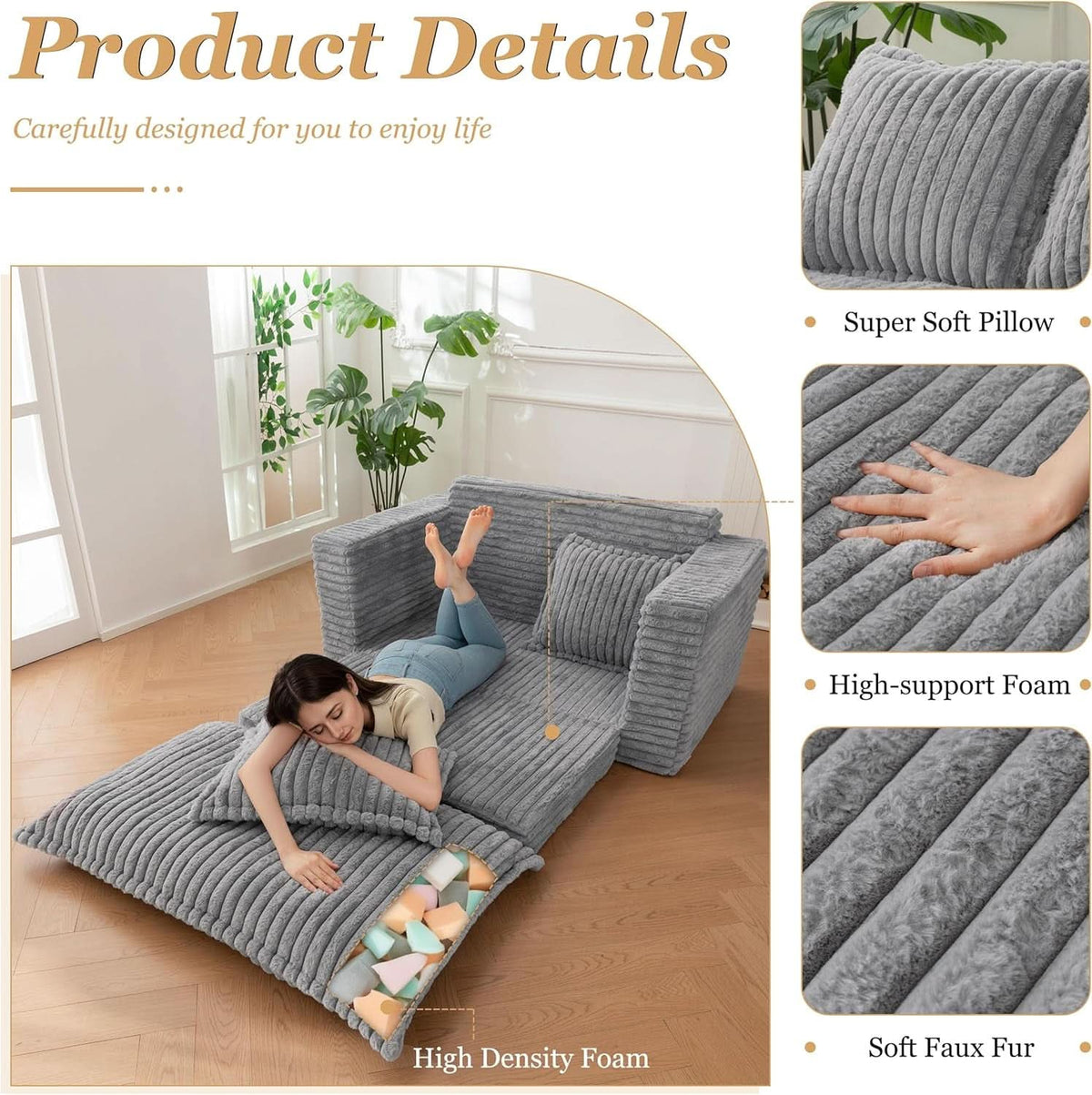 Dark Grey Interconvertible Sleeper Sofa Bed Cushions