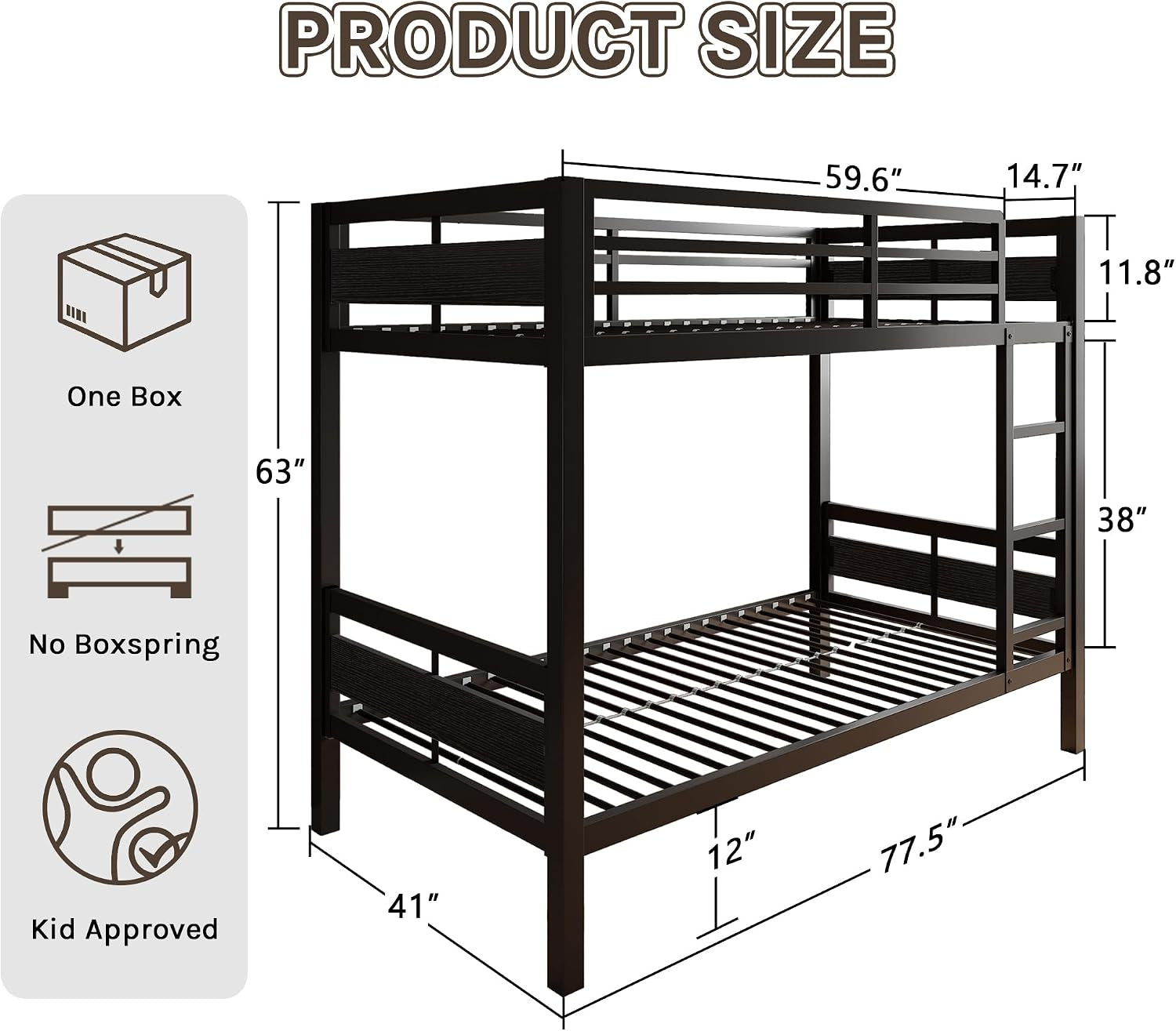 Twin Over Twin Industrial Grade Steel Bunk Bed Black Finish