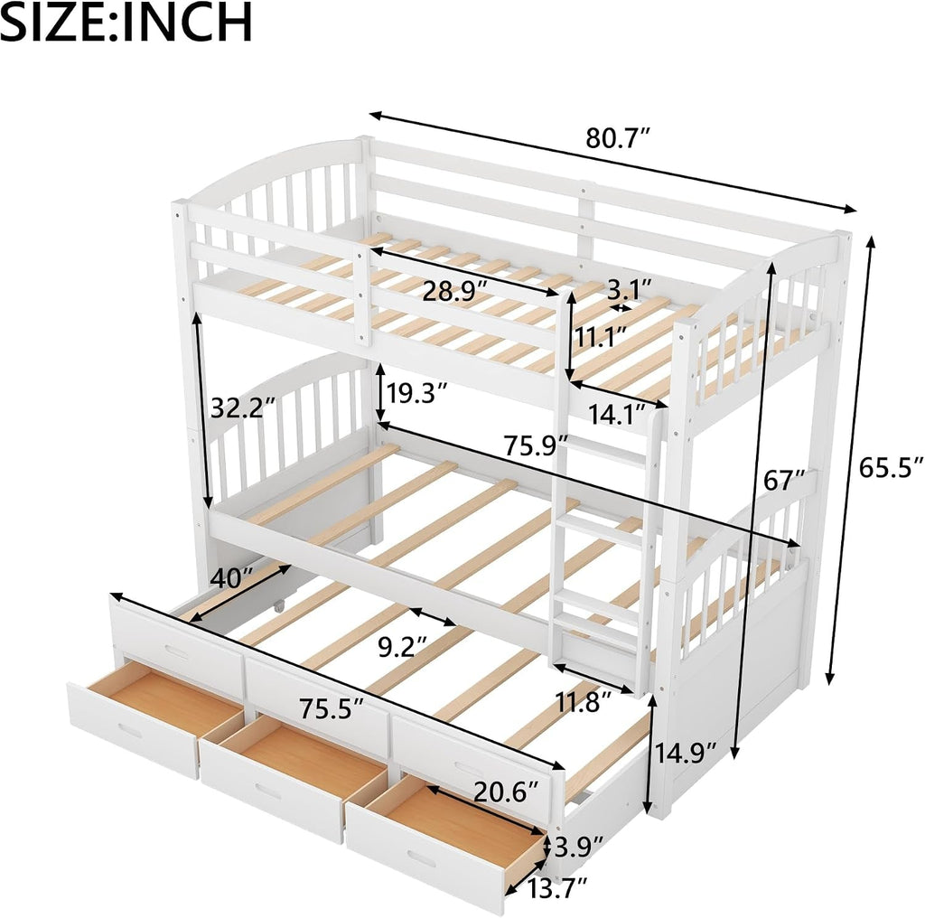 White Twin Over Twin Bunk Bed Three drawer storage trundle