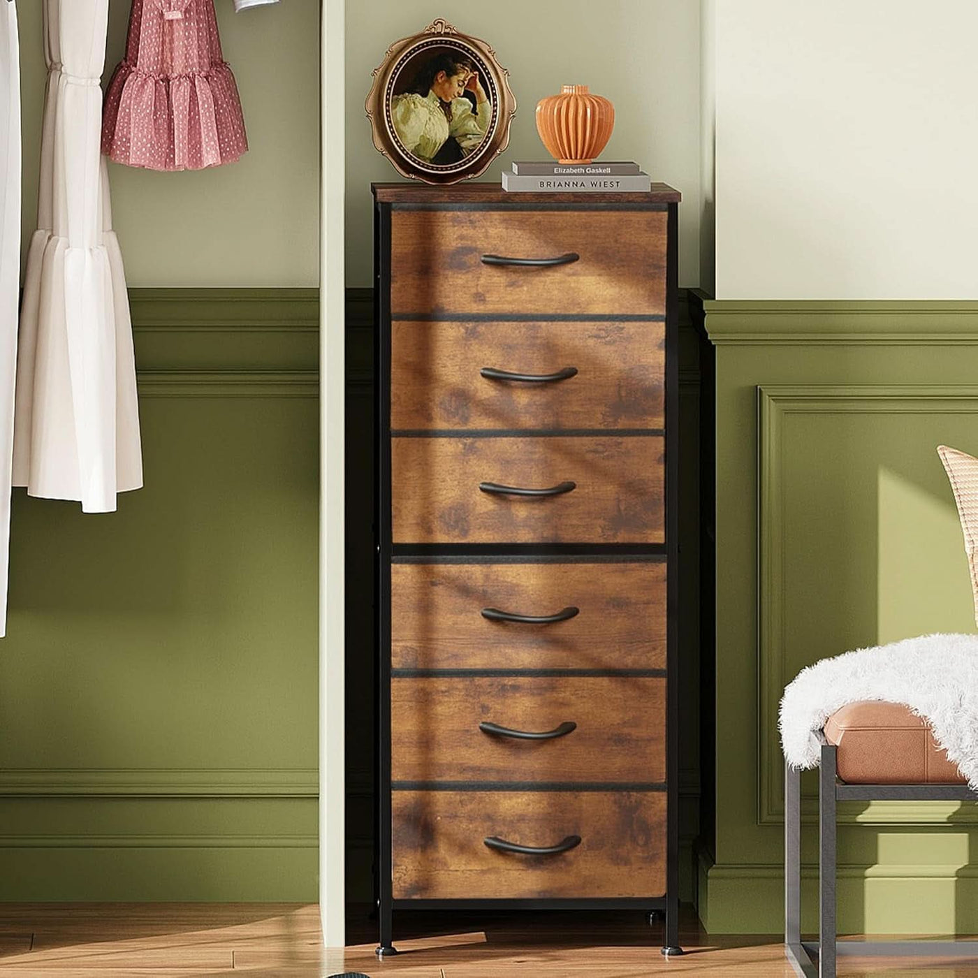 Tall Fabric Dresser With 6 Drawers And Wood Top Rustic Brown