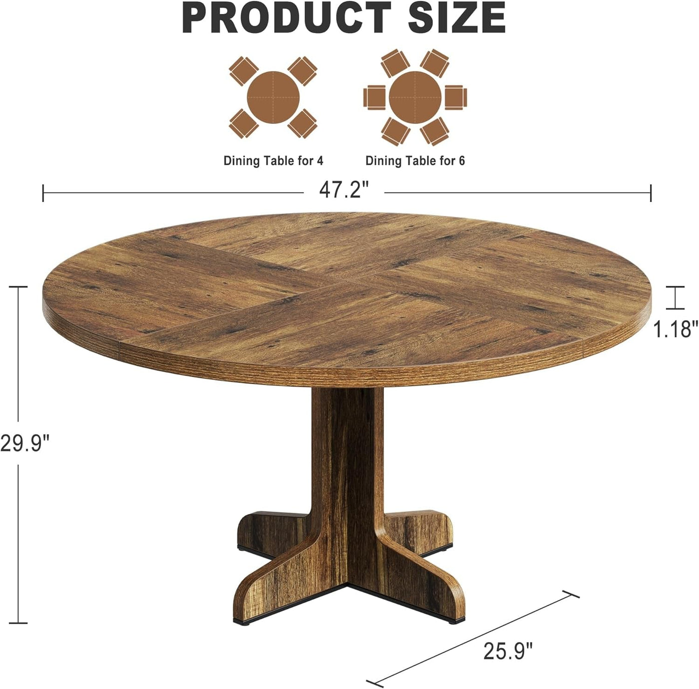 Round Dining Table 47 Inch Brown Matte Textured Finish
