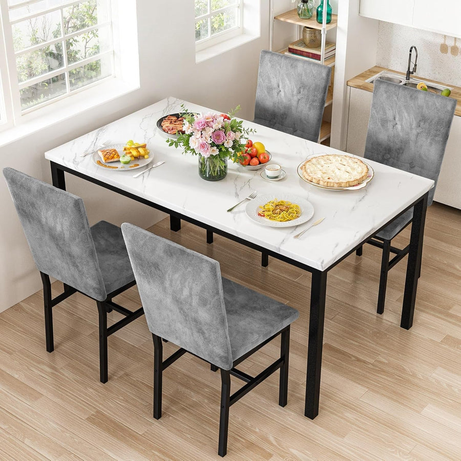 Five Piece Dining Set Marble Tops White Upholstered