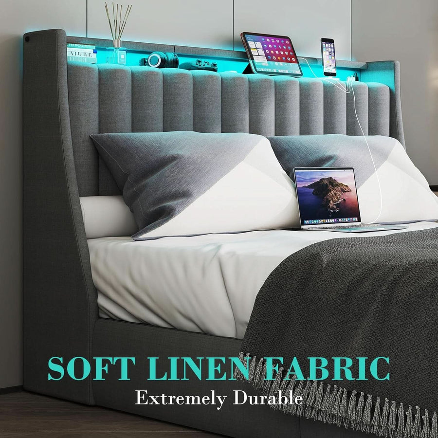 Queen Bed Frame With LED Lights And Storage Drawers