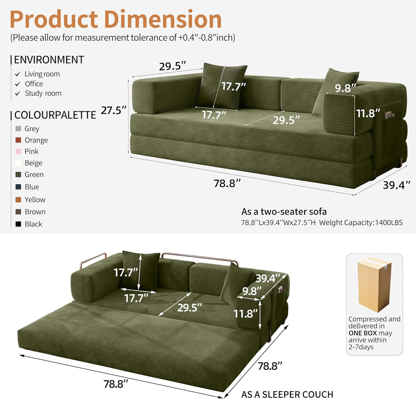 Emerald 78.8 Inches Transformable Sleeper Couch Bed