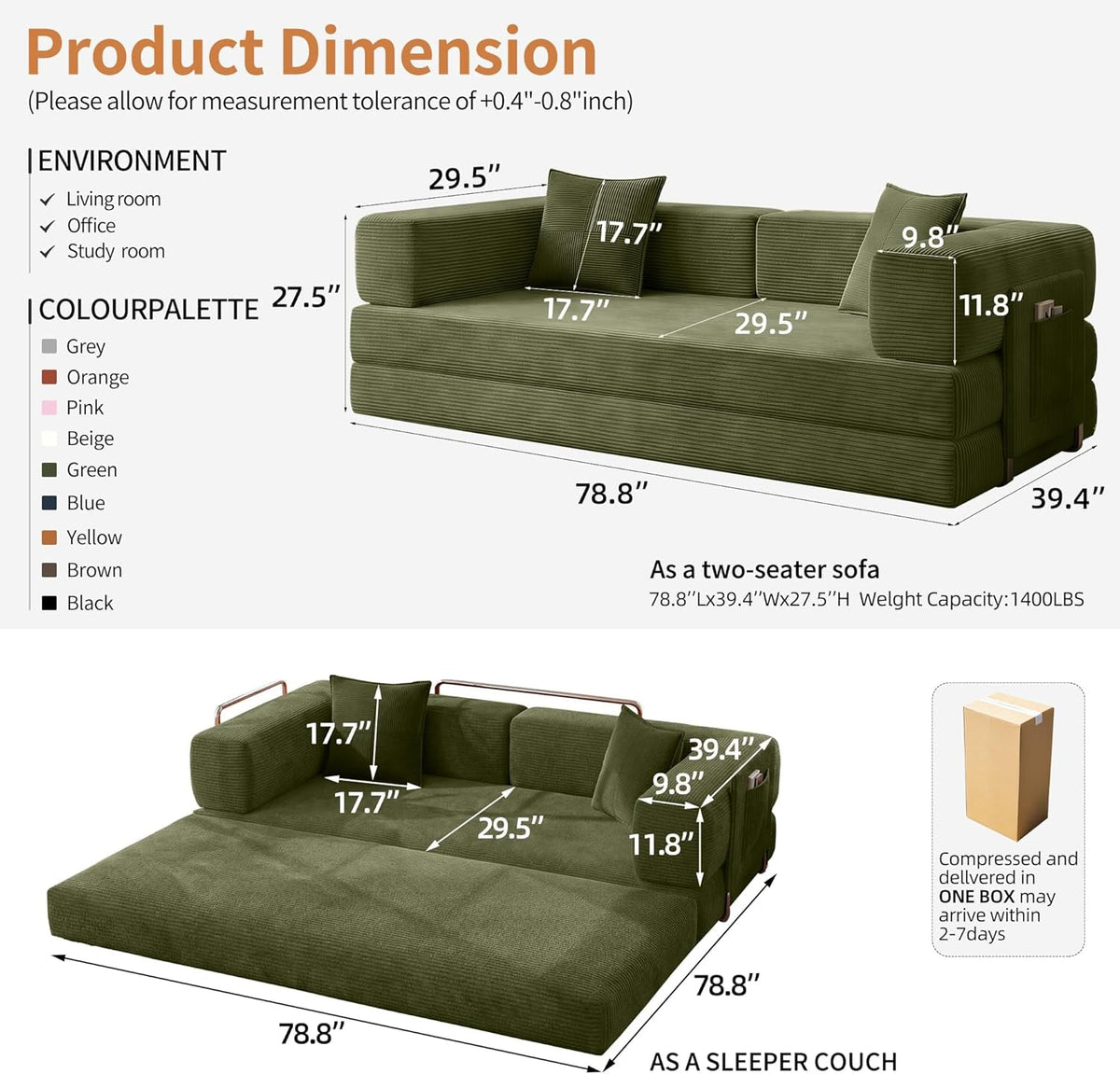 Emerald 78.8 Inches Transformable Sleeper Couch Bed