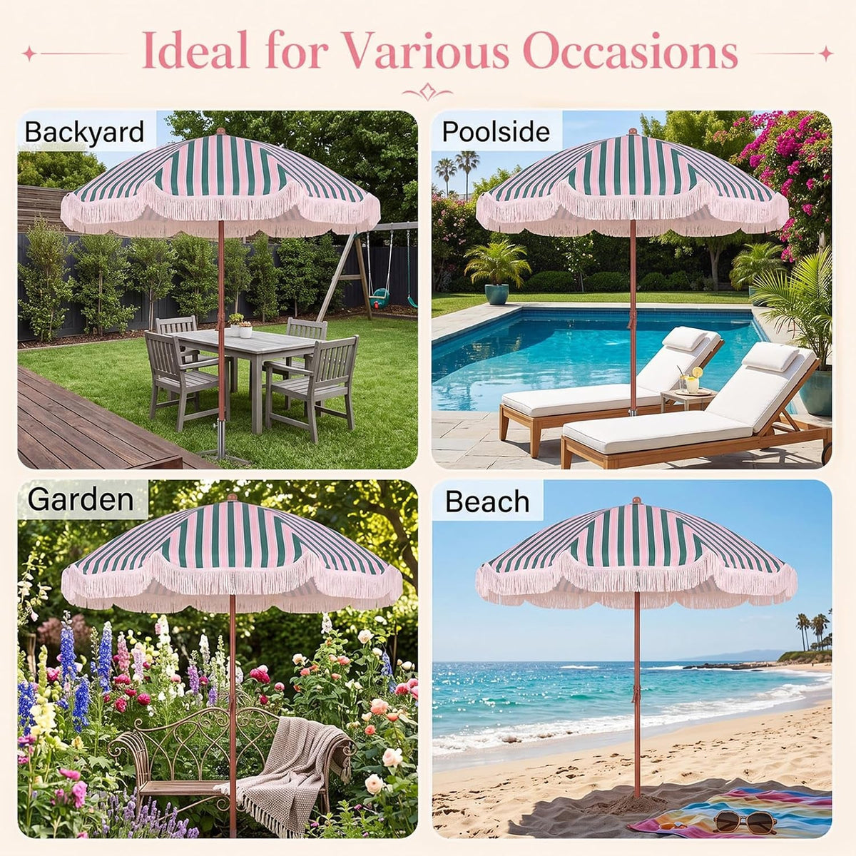 Boho Fringe Patio Umbrella With Solar String Lights