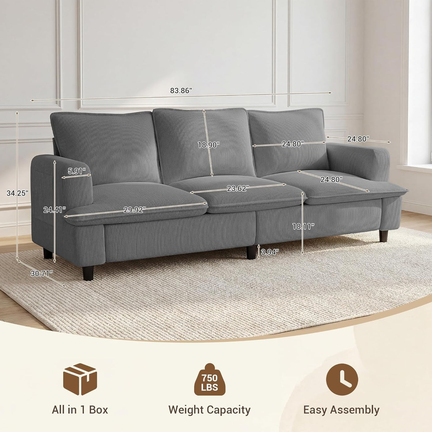 83 Inches Corduroy Fabric Upholstery 3 Seater Deep Seat Sofa