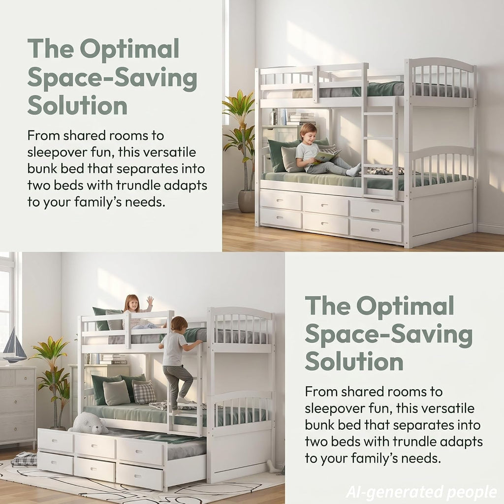 White Twin Over Twin Bunk Bed Three drawer storage trundle