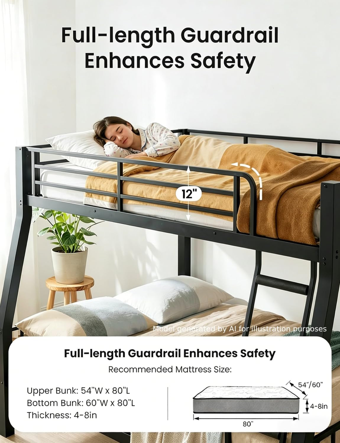 Full XL Over Queen Bunk Bed Black Heavy Duty Steel Frame