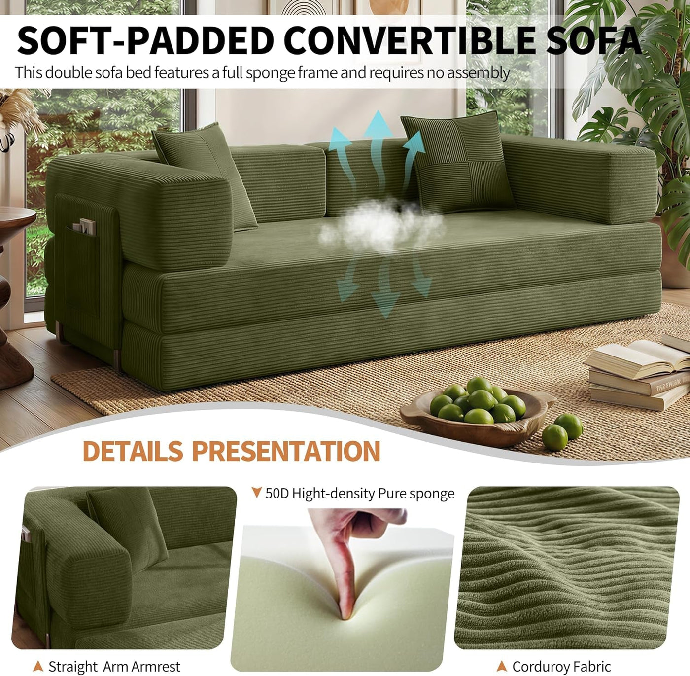 Emerald 78.8 Inches Transformable Sleeper Couch Bed