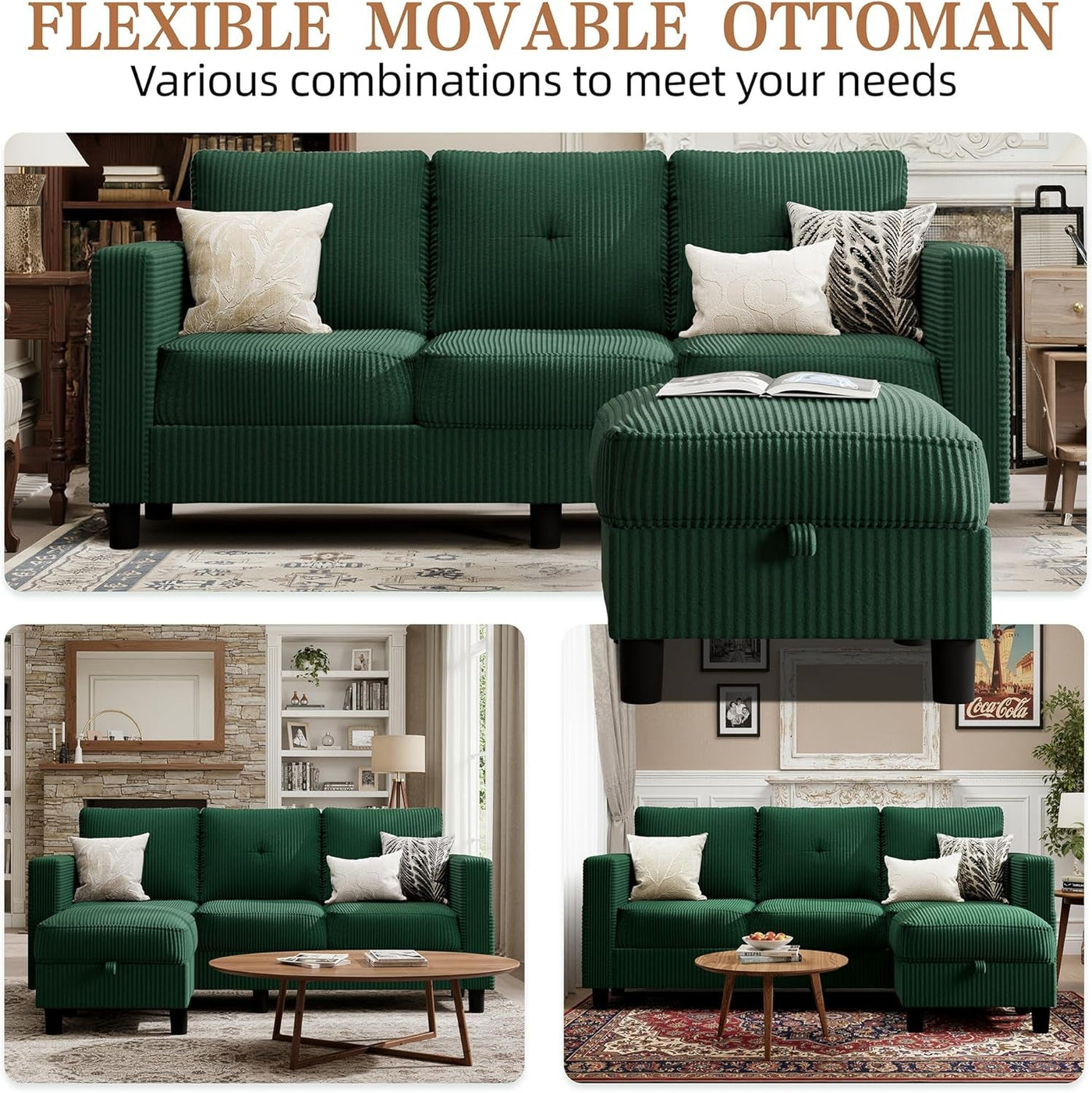 Green 76 Inches Upholstered Sectional Sofa Storage