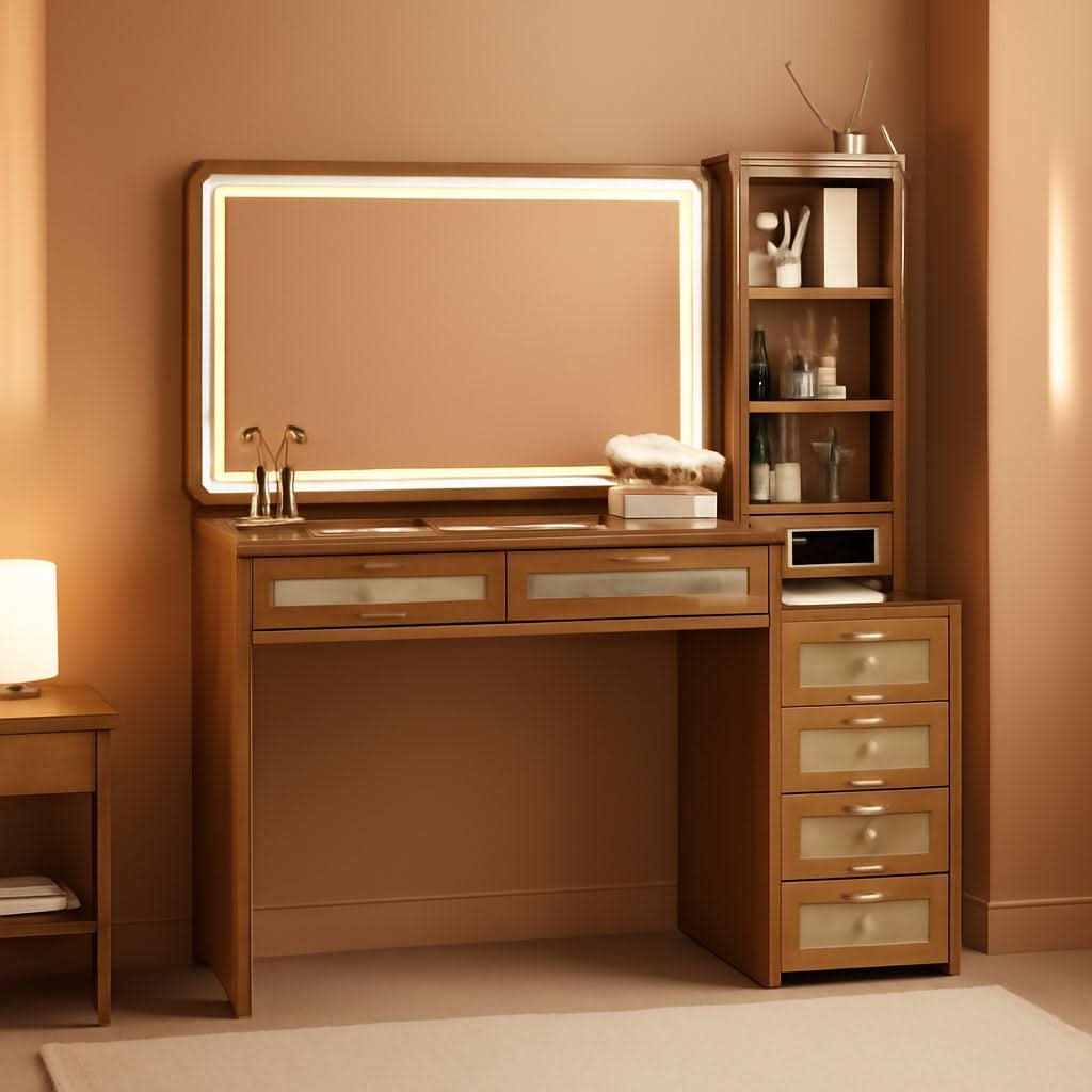 Rattan Vanity Desk 43.5-Inch With Illuminated Mirror