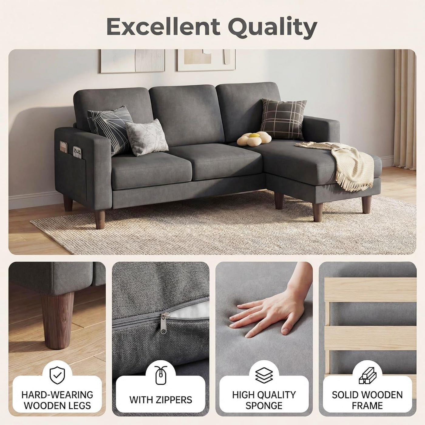 L-Shaped Sectional Sofa Graphite Grey Storage Ottoman