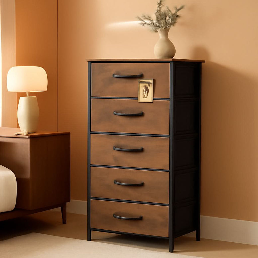 Tall Fabric Dresser With 6 Drawers And Wood Top Rustic Brown