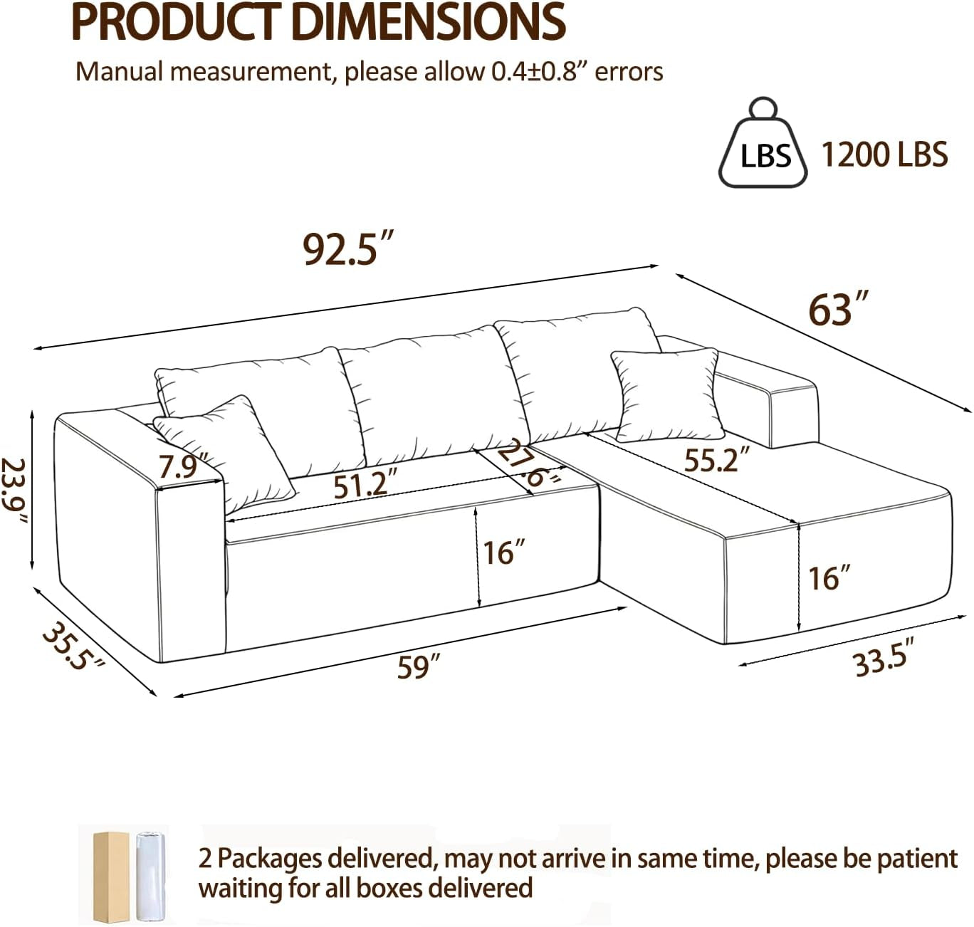 Black 92.5 Inch Modular Sectional Sofa Convertible