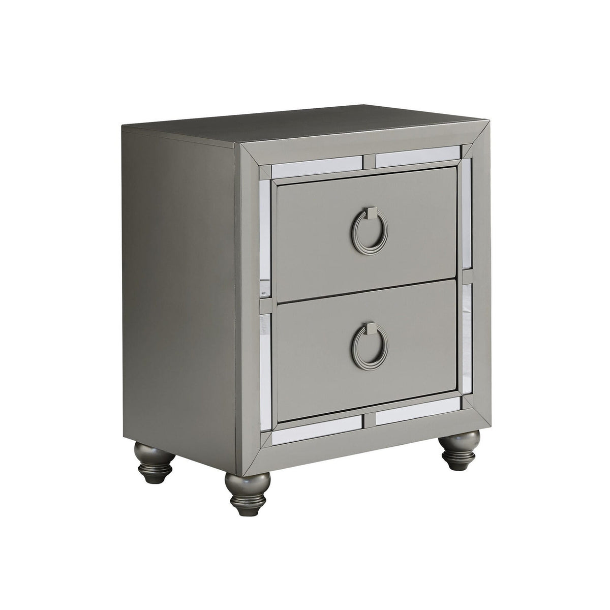 Silver Champagne Tone Nightstand With 2 Drawer  Mirror Trim Accent-0