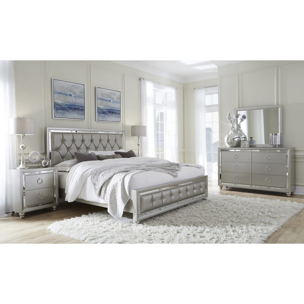 Silver Champagne Tone Nightstand With 2 Drawer  Mirror Trim Accent-1