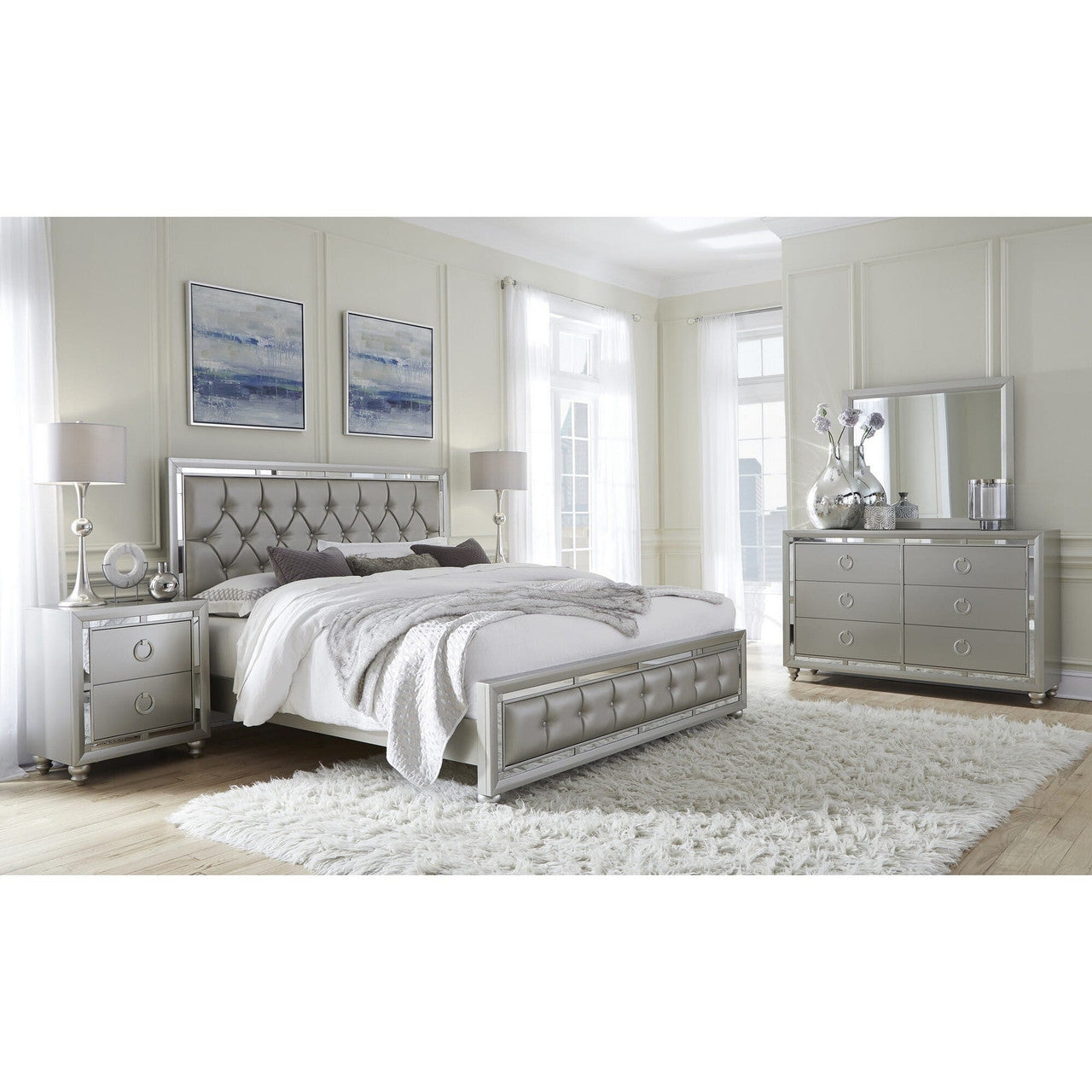 Silver Champagne Tone Nightstand With 2 Drawer  Mirror Trim Accent-1