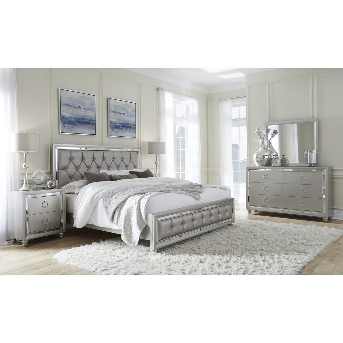 Silver Champagne Tone Nightstand With 2 Drawer  Mirror Trim Accent-1