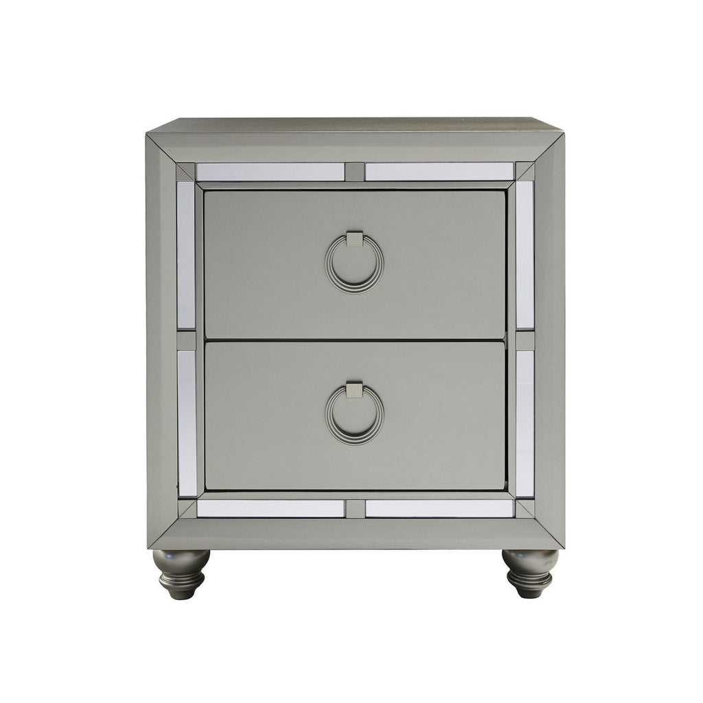 Silver Champagne Tone Nightstand With 2 Drawer  Mirror Trim Accent-2