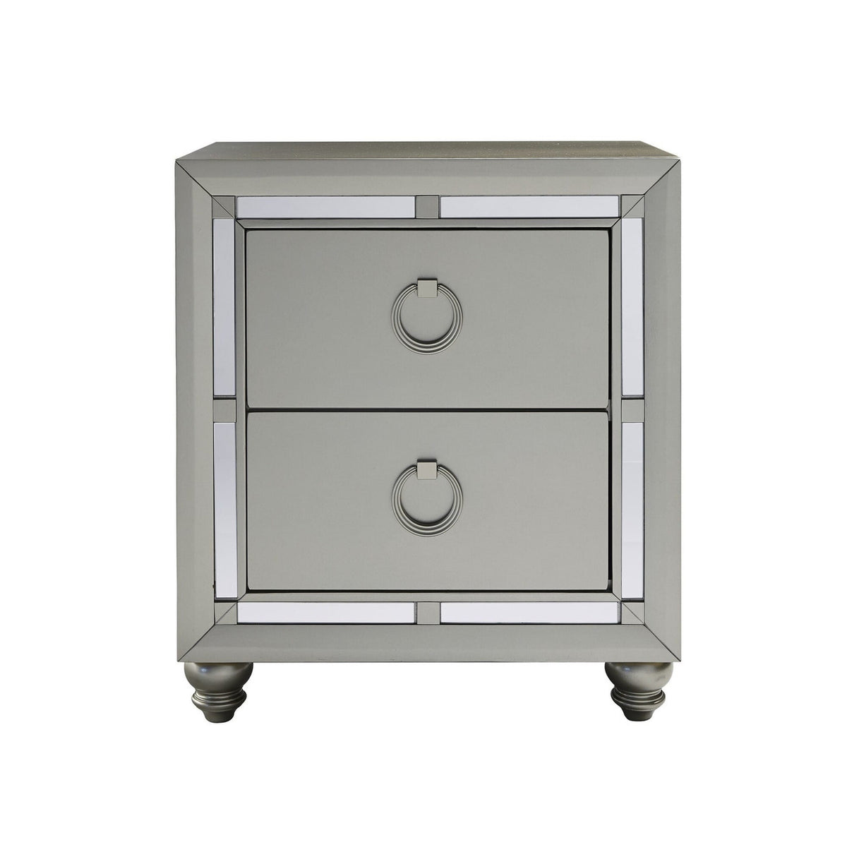 Silver Champagne Tone Nightstand With 2 Drawer  Mirror Trim Accent-2