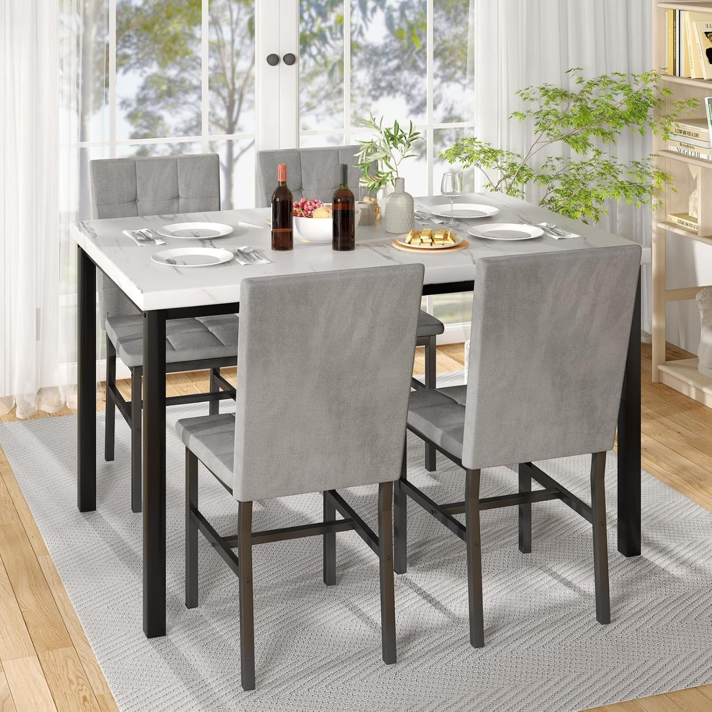 Five Piece Dining Set Marble Tops White Upholstered
