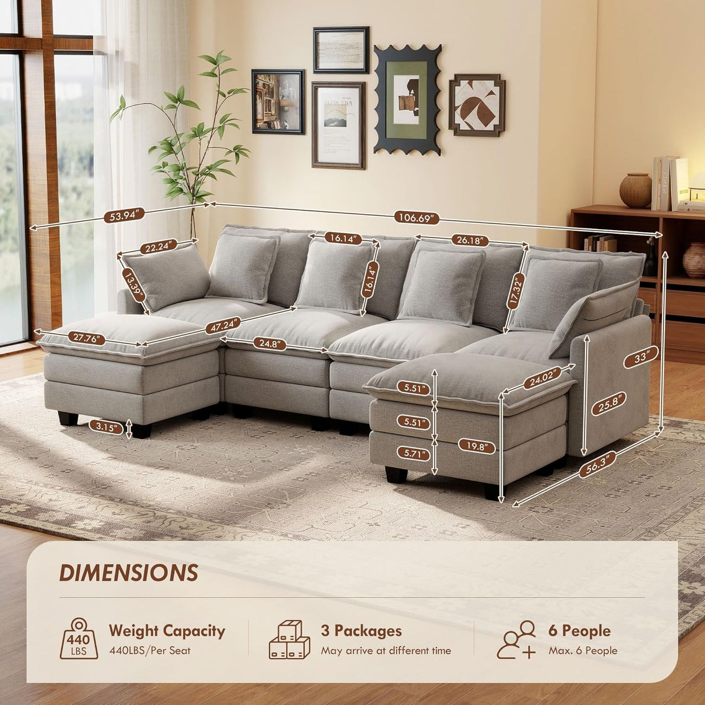 106-Inch U-Shaped Modular Sectional Sofa with Ottoman, Grey Chenille