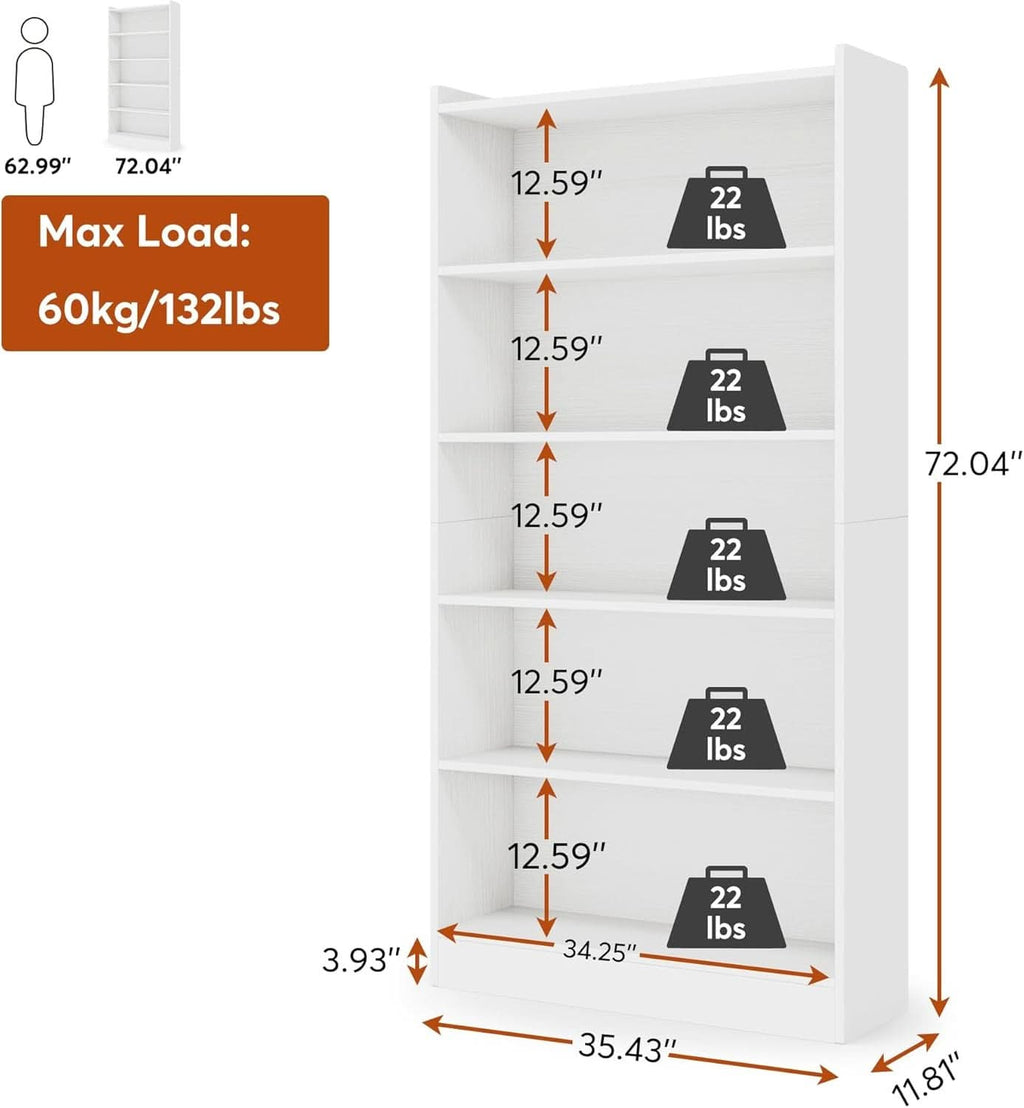 Tall White Six Tier Bookcase 72 Inches Contemporary Wood