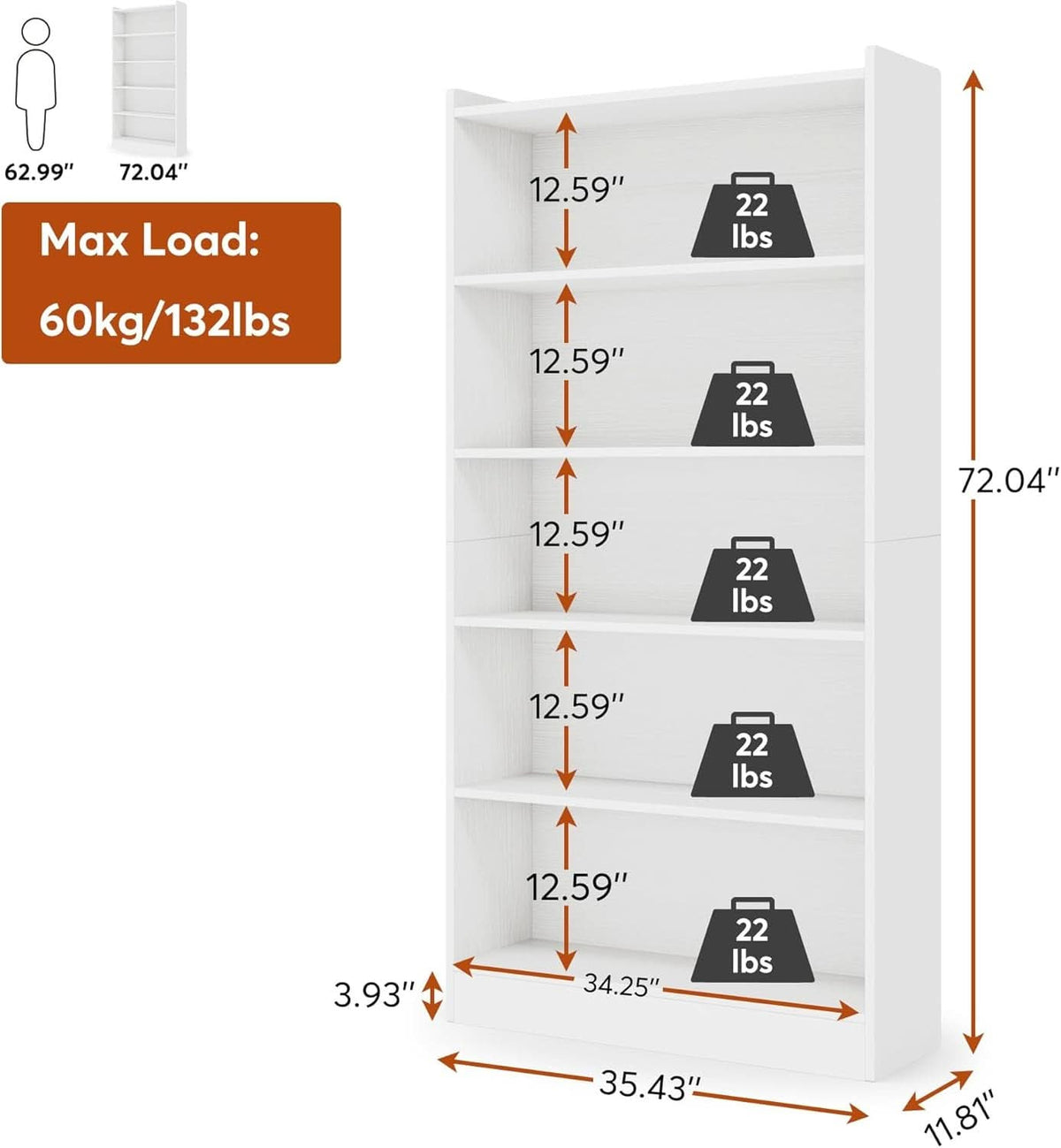 Tall White Six Tier Bookcase 72 Inches Contemporary Wood