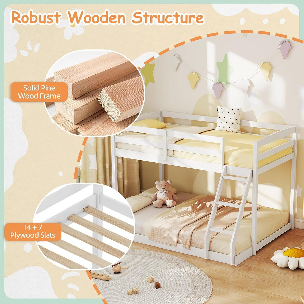 Durable Engineered Twin Over Full Bunk Bed Frame System