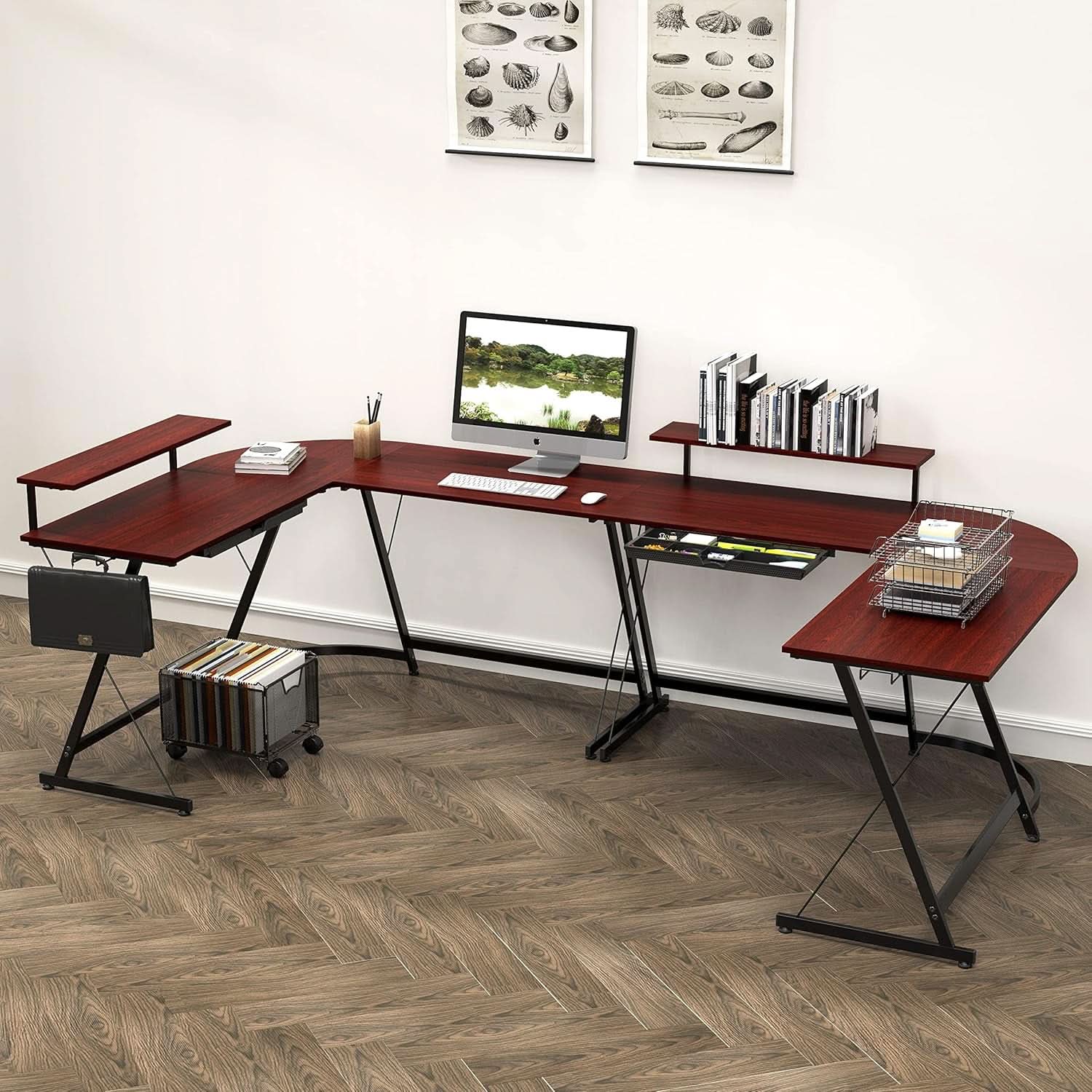 Vista L Shape Desk With Adjustable Monitor Stand Cherry-1