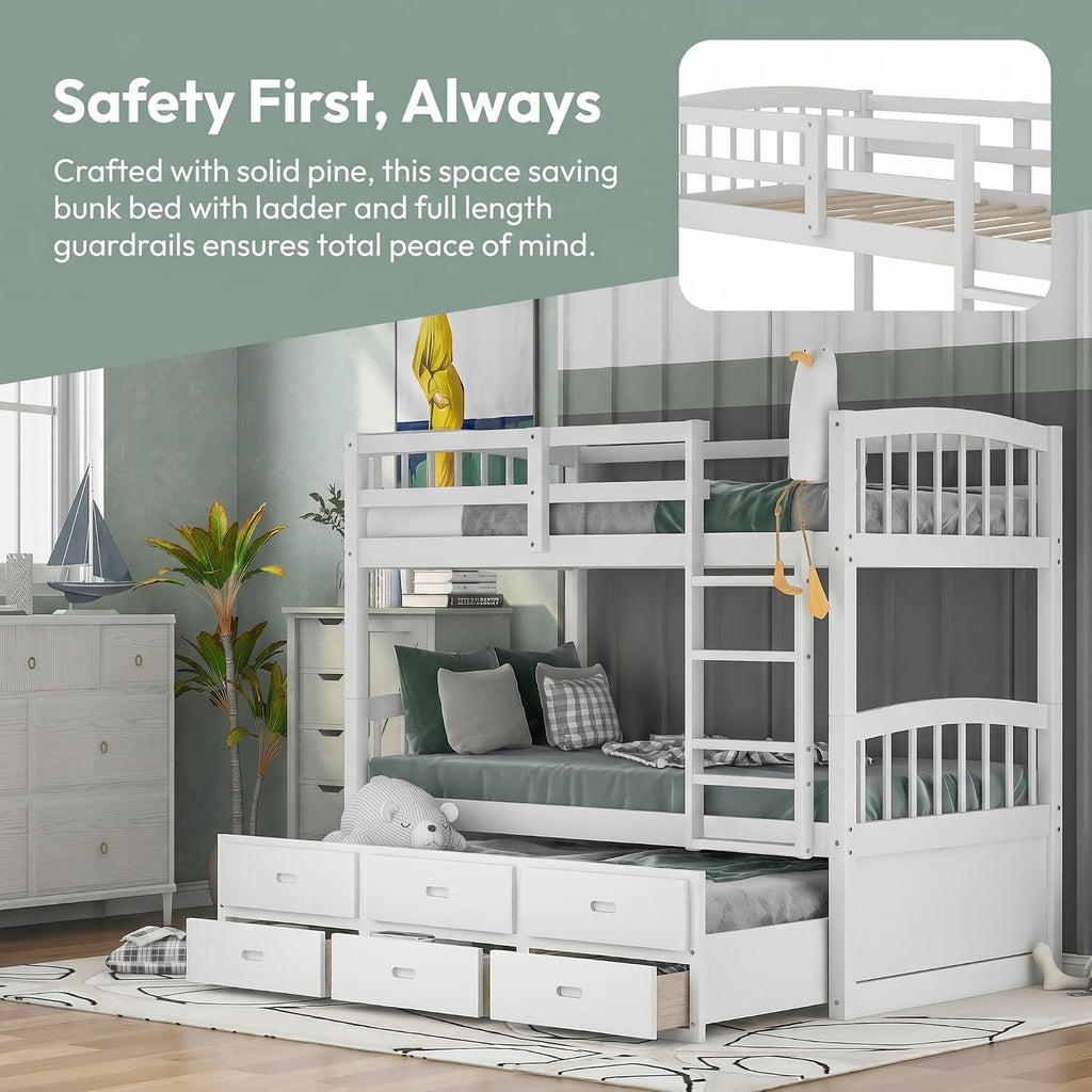 White Twin Over Twin Bunk Bed Three drawer storage trundle
