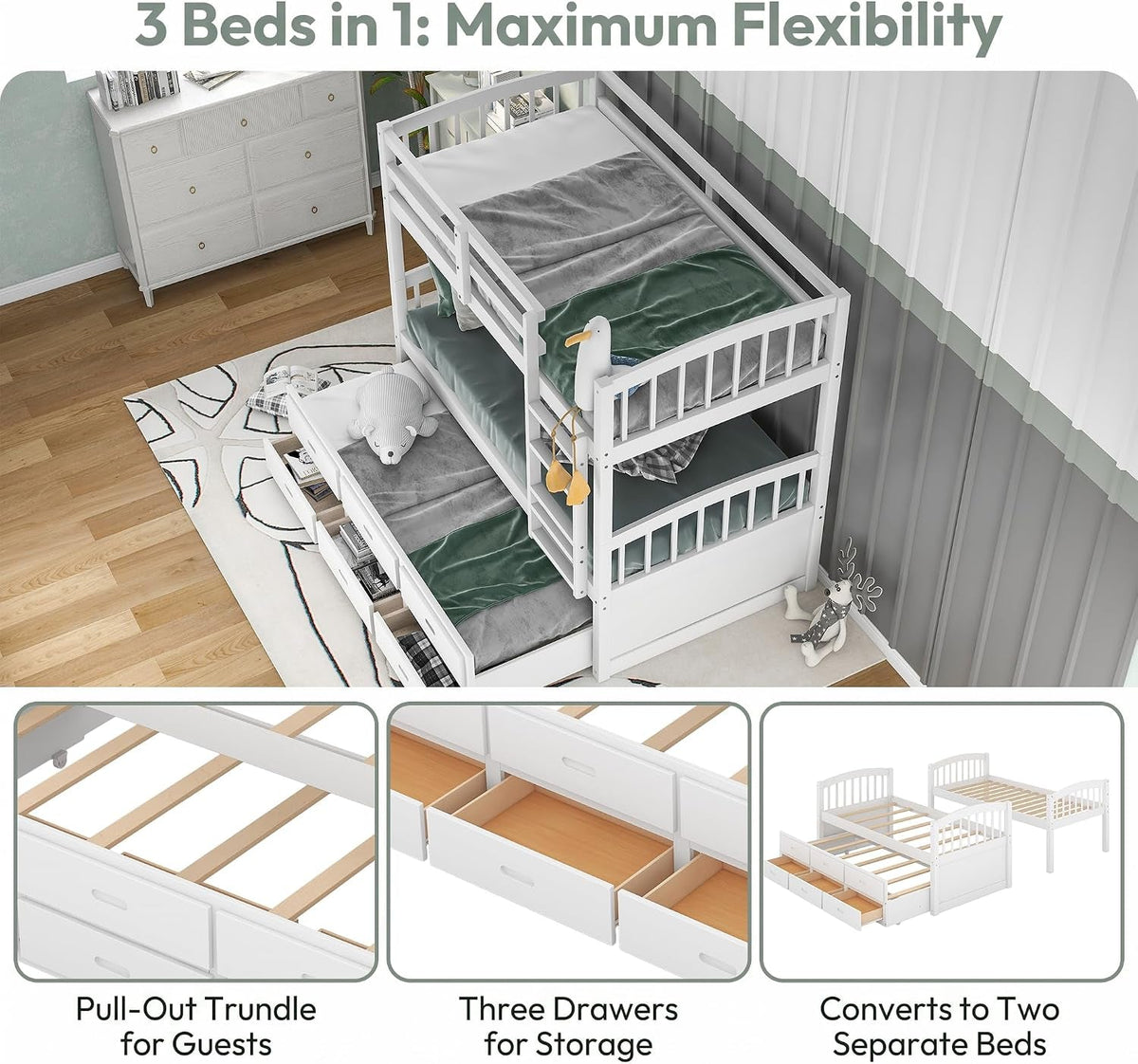 White Twin Over Twin Bunk Bed Three drawer storage trundle