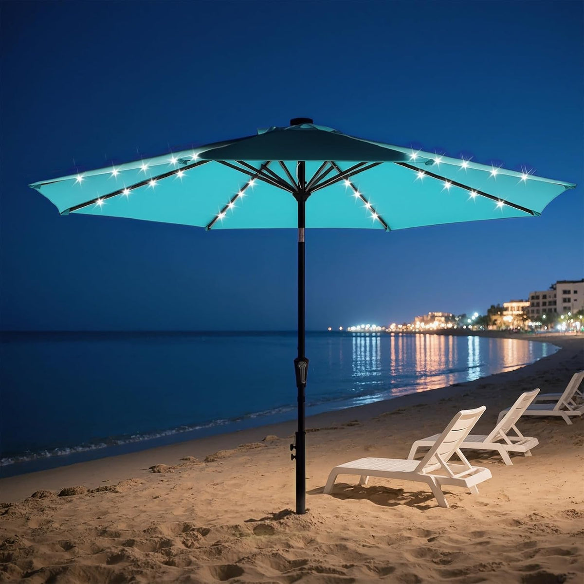 Outdoor Solar Patio Umbrella Featuring Crank LED Lights