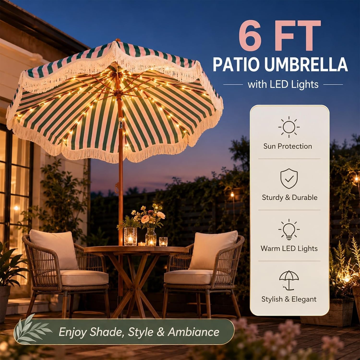 Boho Fringe Patio Umbrella With Solar String Lights