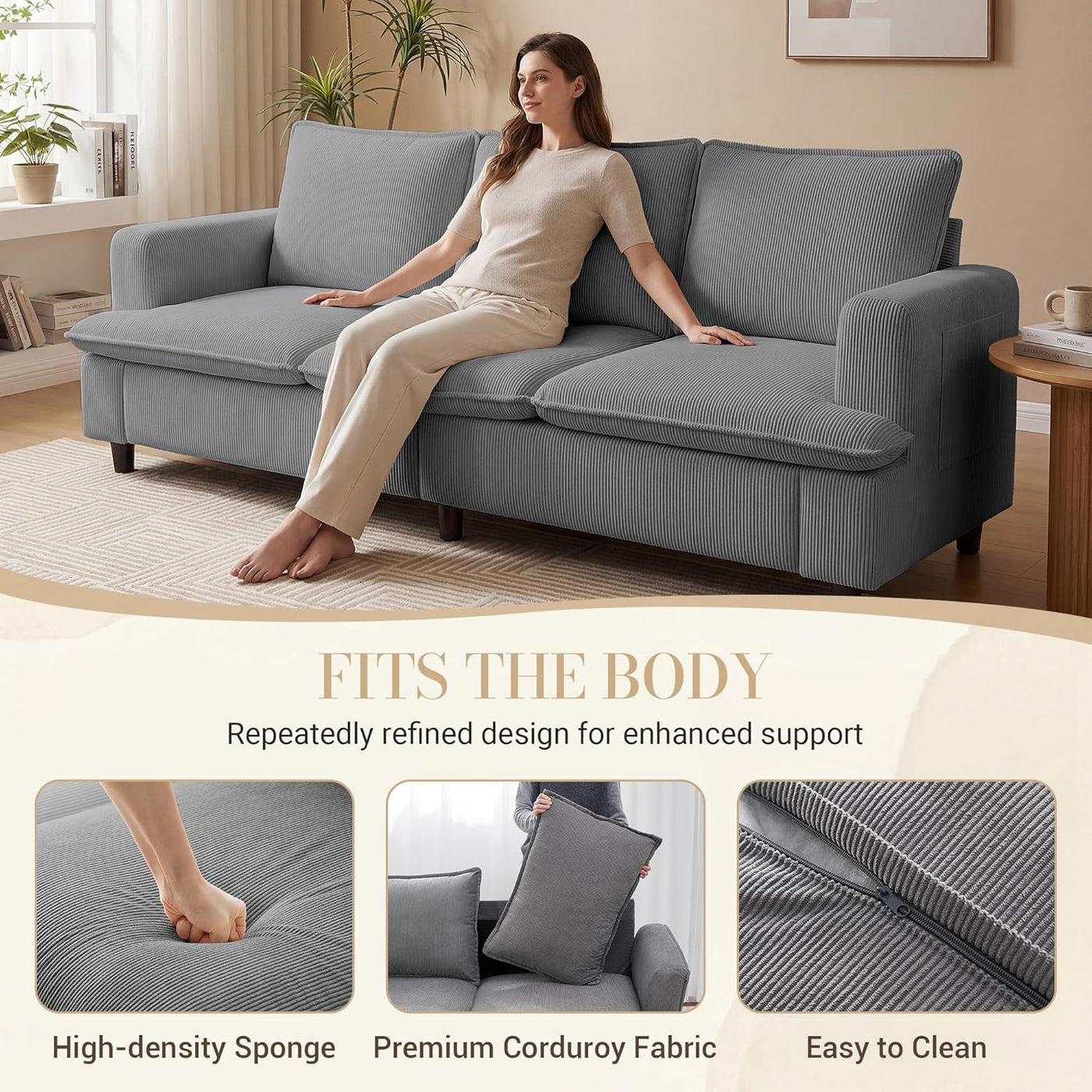 83 Inches Corduroy Fabric Upholstery 3 Seater Deep Seat Sofa